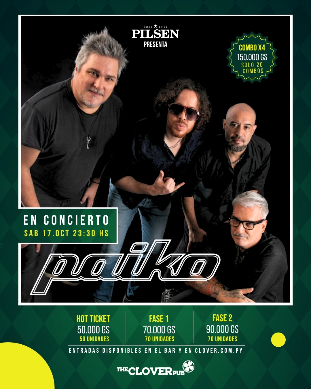 Paiko en concierto, sábado 17 de octubre en The Clover Pub